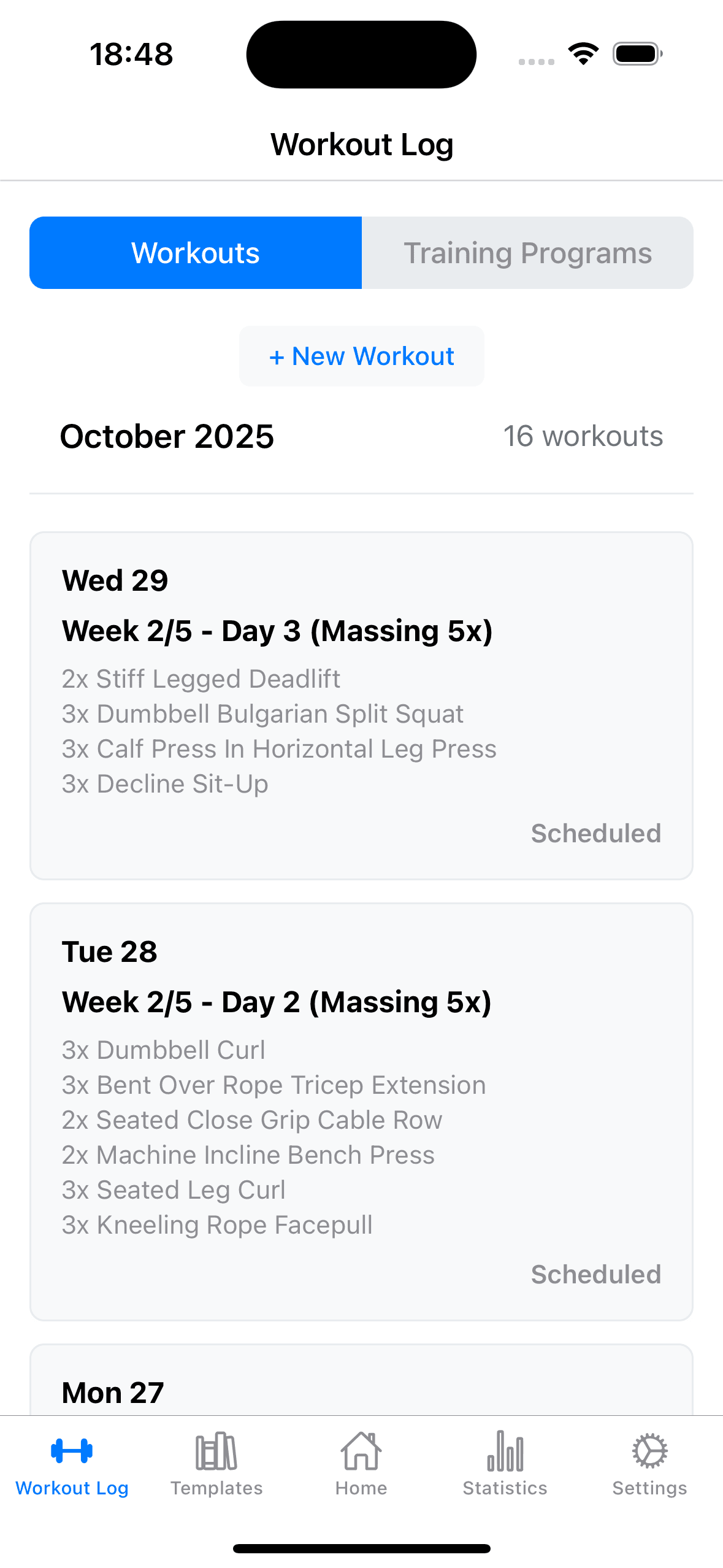 GainsLog workout log showing training history