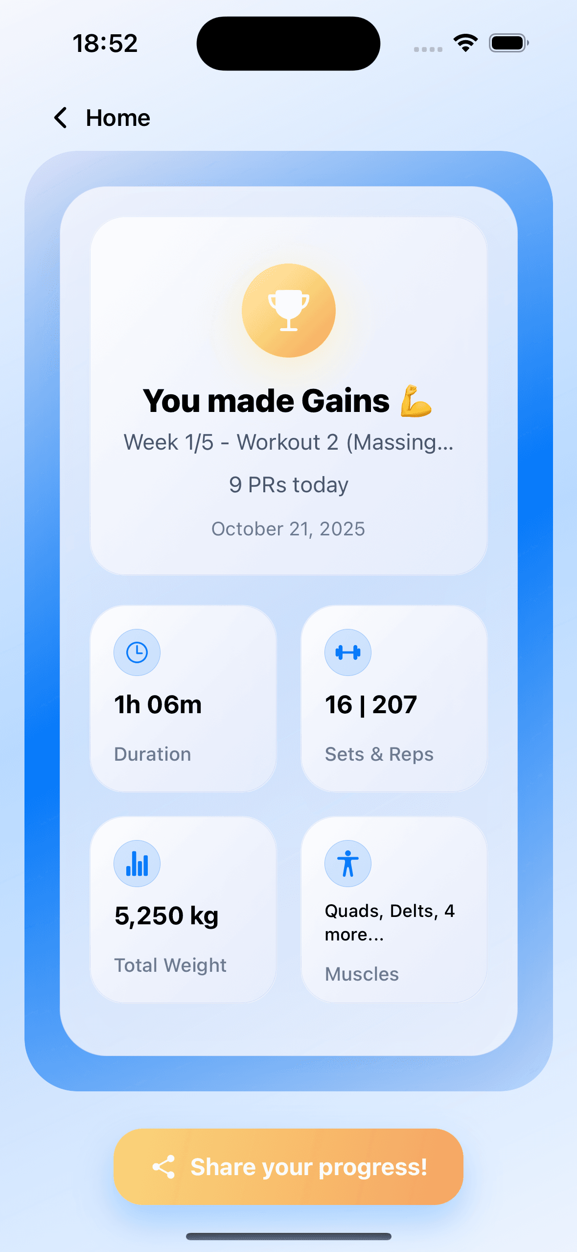 GainsLog workout review screen with performance metrics