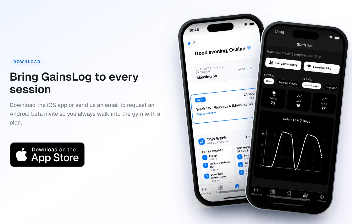 GainsLog app interface showing dual phone display