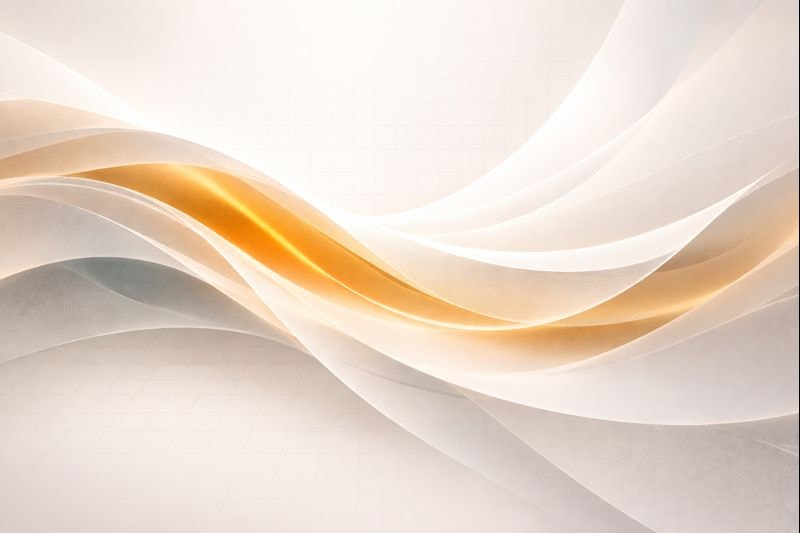 Abstract layered waves with warm amber highlights on a soft grid background.
